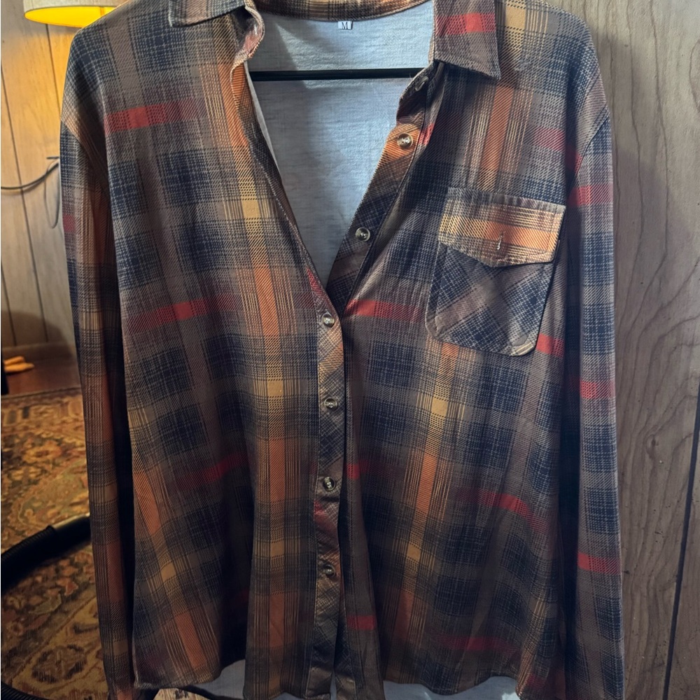 Brown and Orange Button Down Plaid Shirt